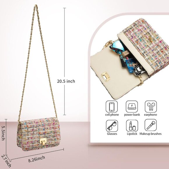 Elegant Quilted Tweed Shoulder Bag with Adjustable Chain Strap for Women - Picture 2 of 6